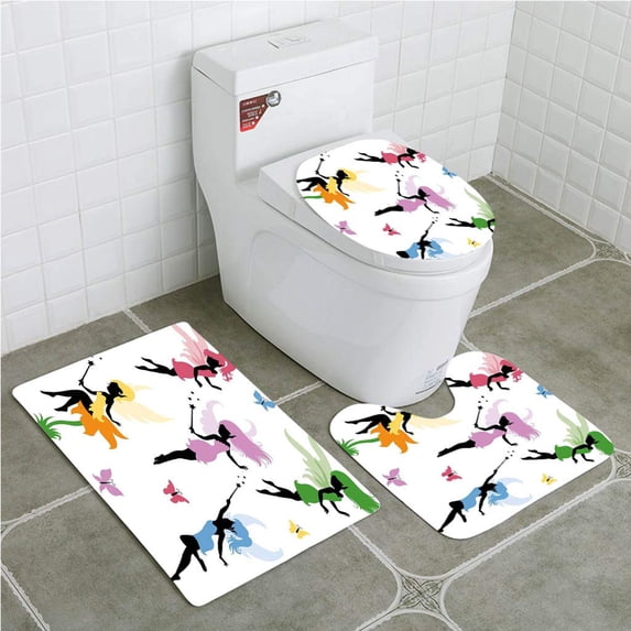 PUDMAD Fantasy Cute Pixie Spirit Elf Fairies Flying Butterflies Girls Princess Flowers 3 Piece Bathroom Rugs Set Bath Rug Contour Mat and Toilet Lid Cover