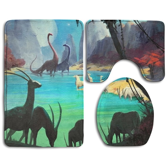 PUDMAD Fantasy Dinosaur World 3 Piece Bathroom Rugs Set Bath Rug Contour Mat and Toilet Lid Cover