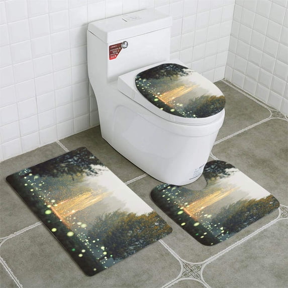 PUDMAD Fantasy Mysterious Forest 3 Piece Bathroom Rugs Set Bath Rug Contour Mat and Toilet Lid Cover