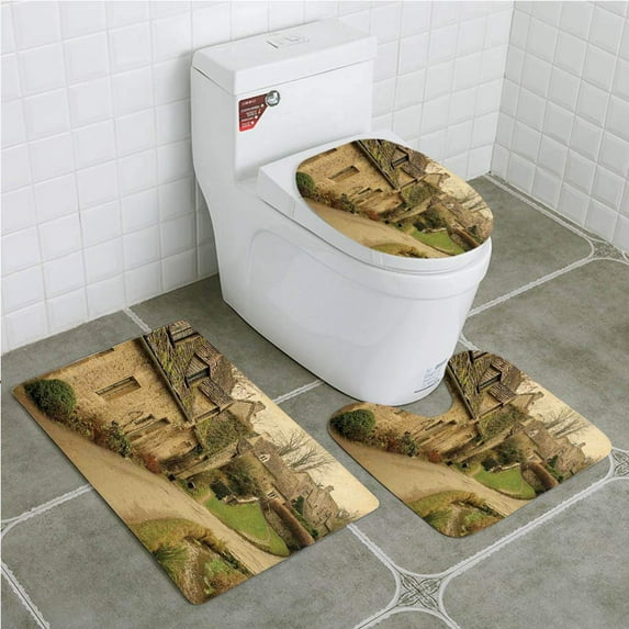 PUDMAD Farm House British Town Stone Houses Retro England Countryside Buildings 3 Piece Bathroom Rugs Set Bath Rug Contour Mat and Toilet Lid Cover