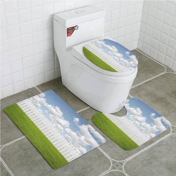 PUDMAD Farm House Exquisite Sykline Clouds over a Meadow Tranquil Place Relax 3 Piece Bathroom Rugs Set Bath Rug Contour Mat and Toilet Lid Cover