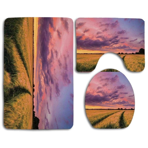PUDMAD Farm House Flowing Crop at Sunset Morning in Nature Countryside Style Cloudscape Scene 3 Piece Bathroom Rugs Set Bath Rug Contour Mat and Toilet Lid Cover