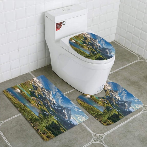 PUDMAD Farmhouse Lake Between Snowy Altai Range Mountains Siberia Meadow in Nature 3 Piece Bathroom Rugs Set Bath Rug Contour Mat and Toilet Lid Cover