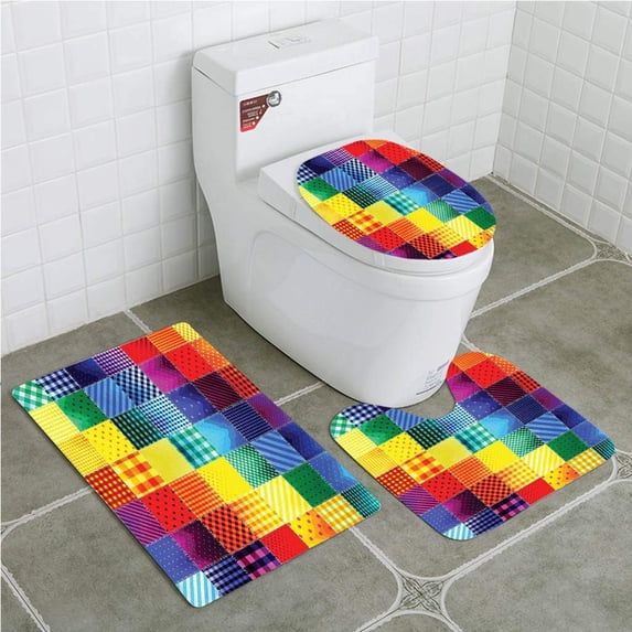 PUDMAD Farmhouse Rainbow Colored Square Shaped Diverse Patterns Collection 3 Piece Bathroom Rugs Set Bath Rug Contour Mat and Toilet Lid Cover
