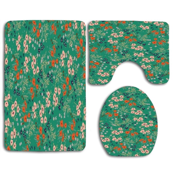 PUDMAD Fashion Fintage Floral Flowers 3 Piece Bathroom Rugs Set Bath Rug Contour Mat and Toilet Lid Cover