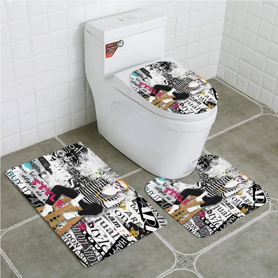 PUDMAD Fashion House Model Posing and Sitting on Tabouret Clothes Street Style 3 Piece Bathroom Rugs Set Bath Rug Contour Mat and Toilet Lid Cover