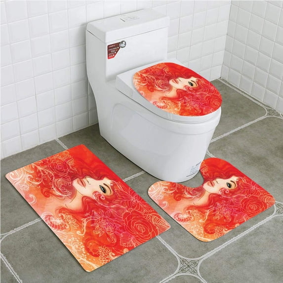 PUDMAD Fashion House Woman Face Floral Ornamentals in Hair Glamour Watercolor 3 Piece Bathroom Rugs Set Bath Rug Contour Mat and Toilet Lid Cover