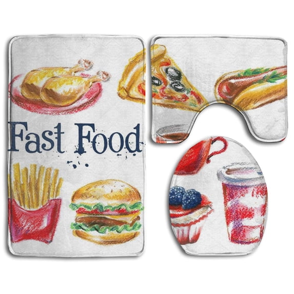 PUDMAD Fast Food 3 Piece Bathroom Rugs Set Bath Rug Contour Mat and Toilet Lid Cover