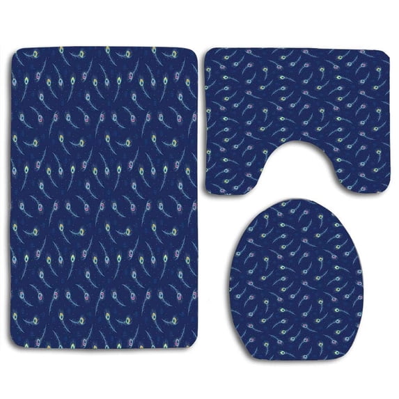 PUDMAD Feather Exotic Peacock Feathers Surreal Artistic Spiritual Plumage Spirals 3 Piece Bathroom Rugs Set Bath Rug Contour Mat and Toilet Lid Cover