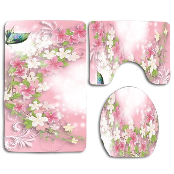 PUDMAD Feminine in Pinks 3 Piece Bathroom Rugs Set Bath Rug Contour Mat and Toilet Lid Cover