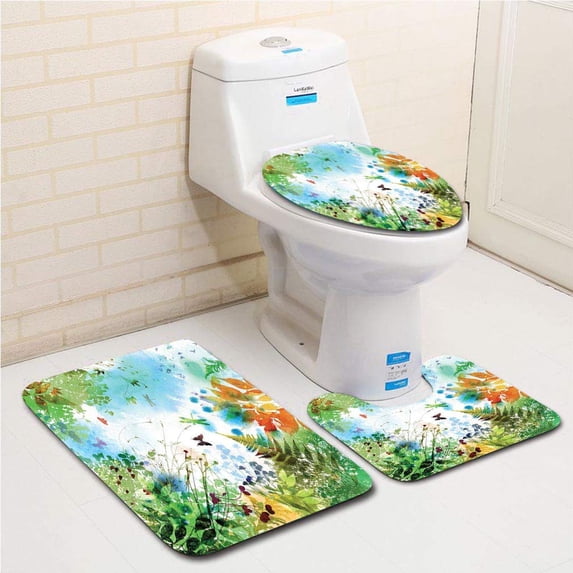 PUDMAD Ferns Petals Flourishing Nature Fantasy Complex Mixed Digital Watercolors 3 Piece Bathroom Rugs Set Bath Rug Contour Mat and Toilet Lid Cover