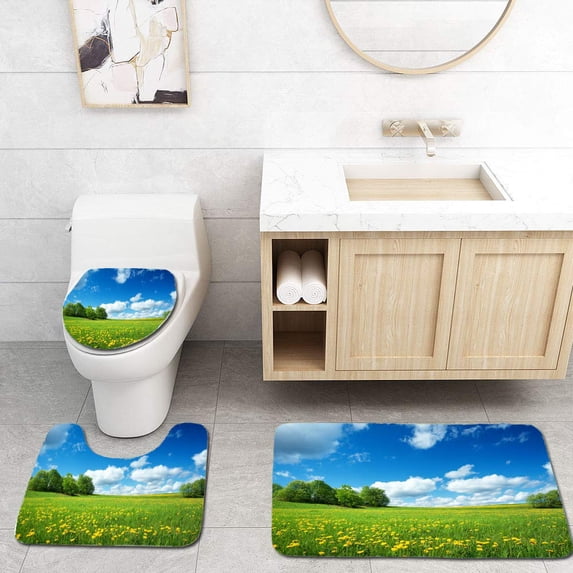 PUDMAD Field Dandelions and Blue Sky 3 Piece Bathroom Rugs Set Bath Rug Contour Mat and Toilet Lid Cover