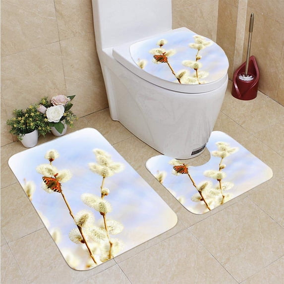 PUDMAD Fine Butterfly a Fluffy Branch 3 Piece Bathroom Rugs Set Bath Rug Contour Mat and Toilet Lid Cover