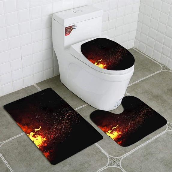 PUDMAD Fire Burning 3 Piece Bathroom Rugs Set Bath Rug Contour Mat and Toilet Lid Cover
