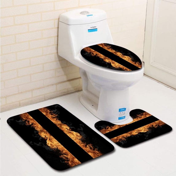 PUDMAD Fire Flames 3 Piece Bathroom Rugs Set Bath Rug Contour Mat and Toilet Lid Cover