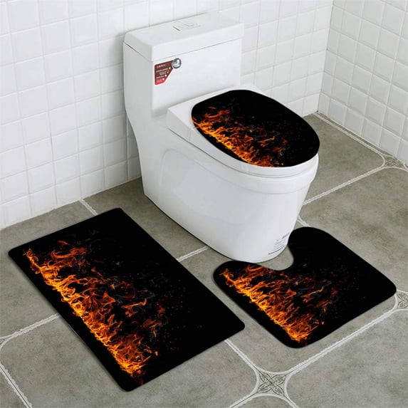 PUDMAD Fire Flames Isolated on Black 3 Piece Bathroom Rugs Set Bath Rug Contour Mat and Toilet Lid Cover