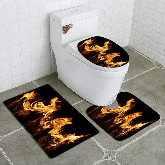 PUDMAD Fire Flames on Black 3 Piece Bathroom Rugs Set Bath Rug Contour Mat and Toilet Lid Cover