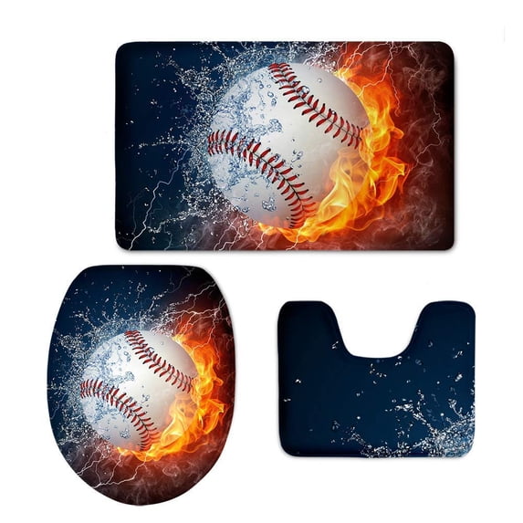 PUDMAD Fire Water Baseball 3 Piece Bathroom Rugs Set Bath Rug Contour Mat and Toilet Lid Cover