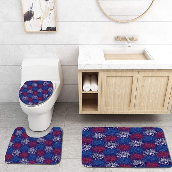 PUDMAD Fireworks 3 Piece Bathroom Rugs Set Bath Rug Contour Mat and Toilet Lid Cover