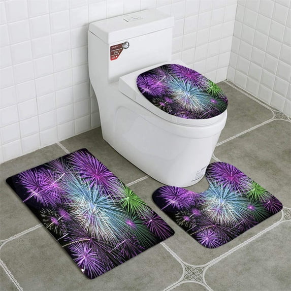 PUDMAD Fireworks 3 Piece Bathroom Rugs Set Bath Rug Contour Mat and Toilet Lid Cover
