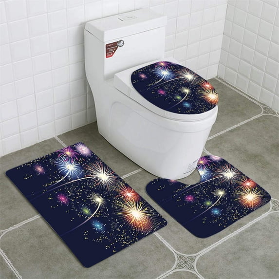 PUDMAD Fireworks 3 Piece Bathroom Rugs Set Bath Rug Contour Mat and Toilet Lid Cover