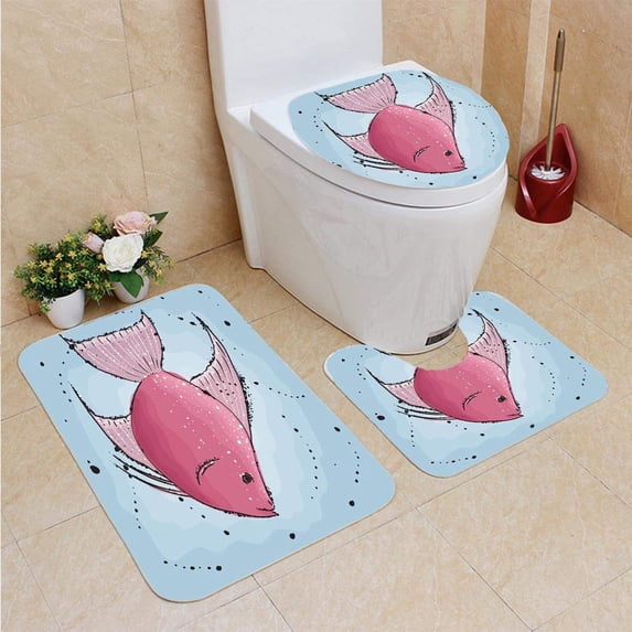 PUDMAD Fish 3 Piece Bathroom Rugs Set Bath Rug Contour Mat and Toilet Lid Cover