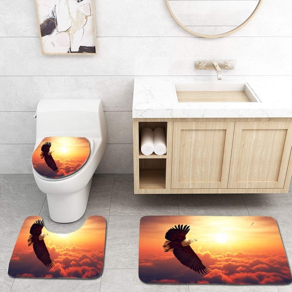 PUDMAD Fish Eagle Flying Above Clouds 3 Piece Bathroom Rugs Set Bath Rug Contour Mat and Toilet Lid Cover