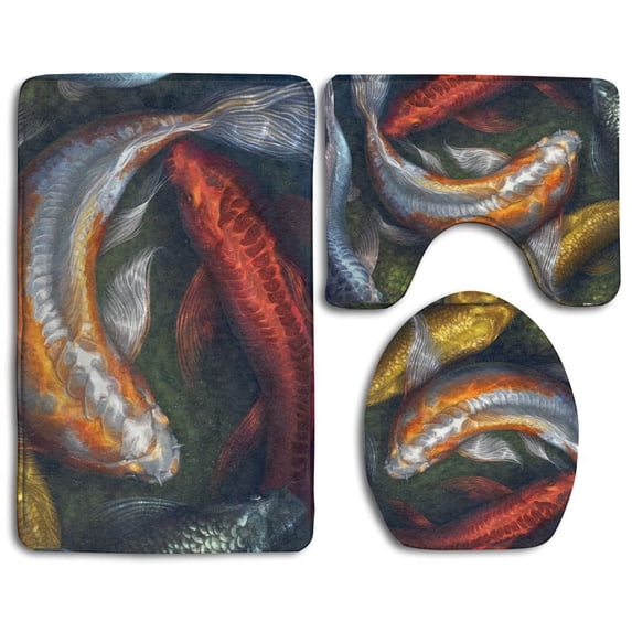 PUDMAD Fishes 3 Piece Bathroom Rugs Set Bath Rug Contour Mat and Toilet Lid Cover
