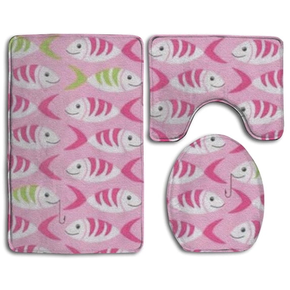 PUDMAD Fishing Bait and Fish 3 Piece Bathroom Rugs Set Bath Rug Contour Mat and Toilet Lid Cover