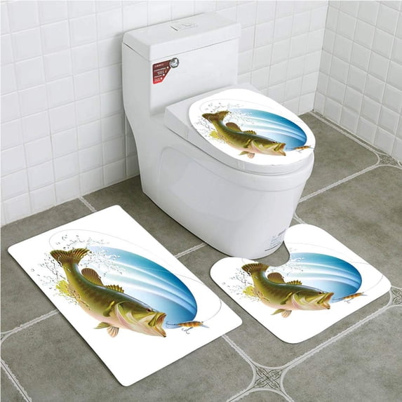 PUDMAD Fishing Largemouth Sea Bass Catching a Bite in Water Spray Motion Splash Wild 3 Piece Bathroom Rugs Set Bath Rug Contour Mat and Toilet Lid Cover