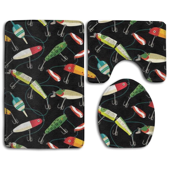 PUDMAD Fishing Lure 3 Piece Bathroom Rugs Set Bath Rug Contour Mat and Toilet Lid Cover
