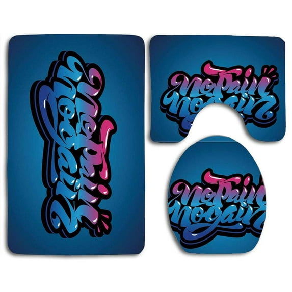 PUDMAD Fitness No Pain No Gain Motivational Quote Graffiti Typography Gym Training 3 Piece Bathroom Rugs Set Bath Rug Contour Mat and Toilet Lid Cover