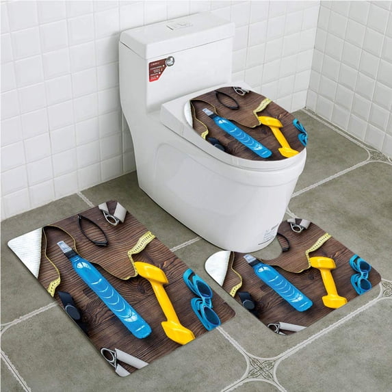 PUDMAD Fitness Preparing to Fitness Sports Equipment on Wood Board Concept Swimming 3 Piece Bathroom Rugs Set Bath Rug Contour Mat and Toilet Lid Cover