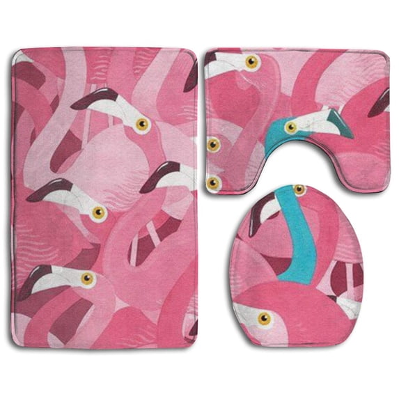 PUDMAD Flamingo 3 Piece Bathroom Rugs Set Bath Rug Contour Mat and Toilet Lid Cover