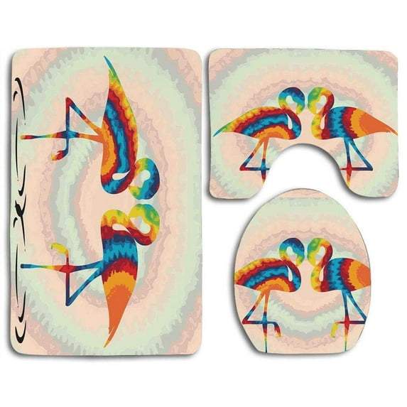 PUDMAD Flamingo Colorful Love Valentine Flamingos Retro Circles at Back Funky 3 Piece Bathroom Rugs Set Bath Rug Contour Mat and Toilet Lid Cover