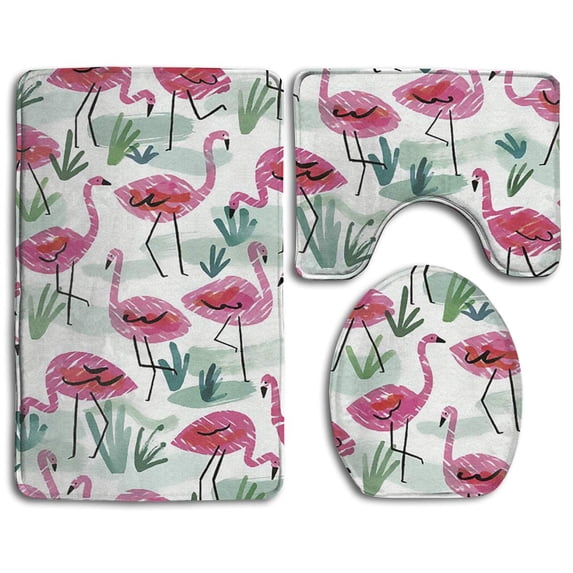 PUDMAD Flamingo Drawings 3 Piece Bathroom Rugs Set Bath Rug Contour Mat and Toilet Lid Cover