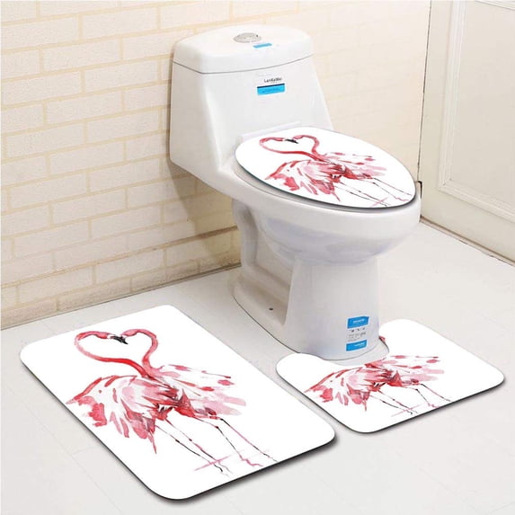 PUDMAD Flamingo Flamingo Couple Kissing Romance Passion Partners in Love Watercolor Effect 3 Piece Bathroom Rugs Set Bath Rug Contour Mat and Toilet Lid Cover