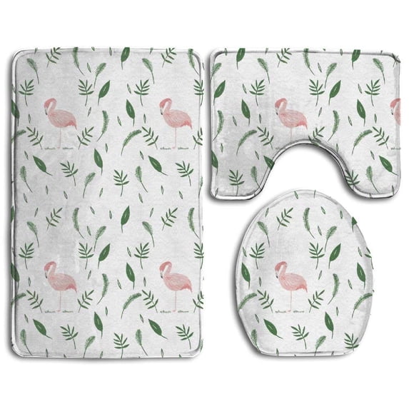 PUDMAD Flamingo Leafy Nature 3 Piece Bathroom Rugs Set Bath Rug Contour Mat and Toilet Lid Cover