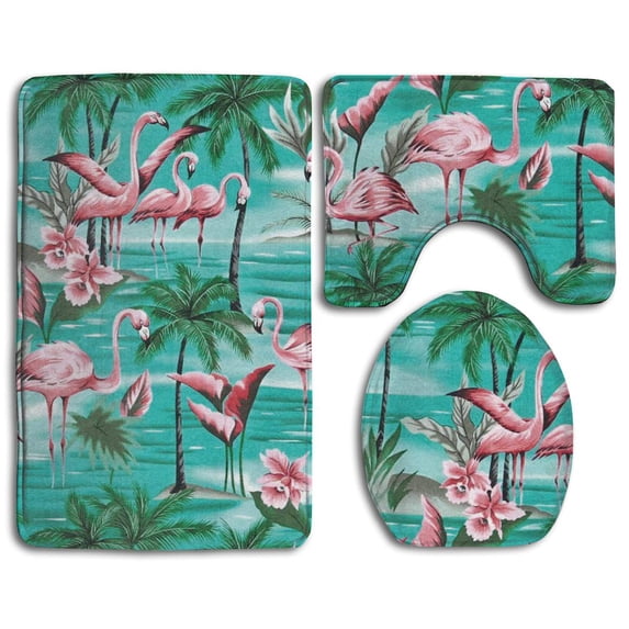 PUDMAD Flamingo Palm Tree 3 Piece Bathroom Rugs Set Bath Rug Contour Mat and Toilet Lid Cover