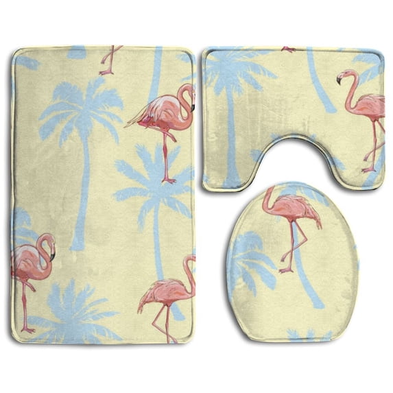 PUDMAD Flamingo Palm Trees 3 Piece Bathroom Rugs Set Bath Rug Contour Mat and Toilet Lid Cover