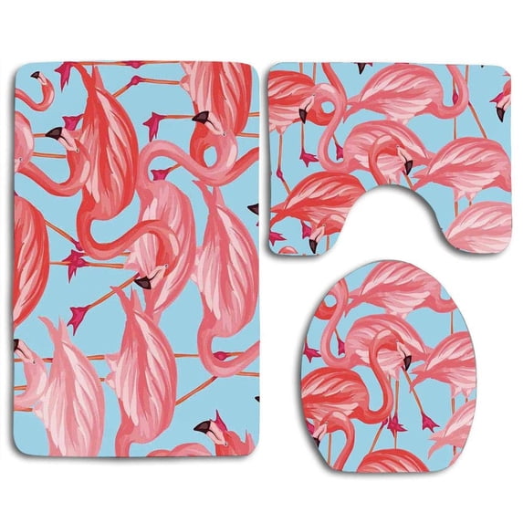 PUDMAD Flamingo Tropical Birds Flamingos Colorful Exotic Nature 3 Piece Bathroom Rugs Set Bath Rug Contour Mat and Toilet Lid Cover