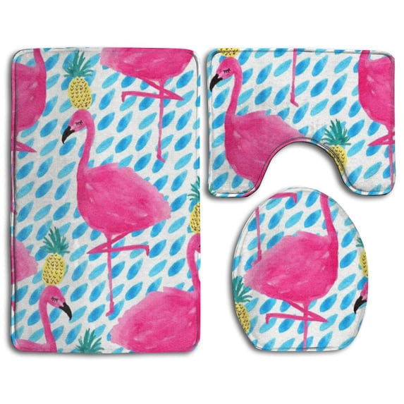 PUDMAD Flamingos Pineapples 3 Piece Bathroom Rugs Set Bath Rug Contour Mat and Toilet Lid Cover