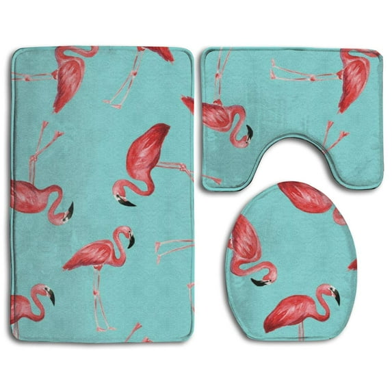 PUDMAD Flamingos in Blue 3 Piece Bathroom Rugs Set Bath Rug Contour Mat and Toilet Lid Cover