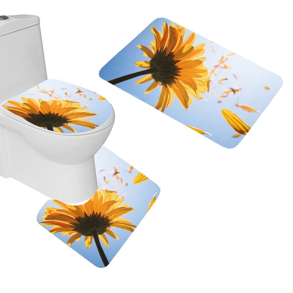PUDMAD Floating Daisy 3 Piece Bathroom Rugs Set Bath Rug Contour Mat and Toilet Lid Cover