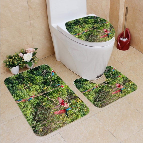 PUDMAD Flock Macaws Standing Three Peruvian Amazon Jungle 3 Piece Bathroom Rugs Set Bath Rug Contour Mat and Toilet Lid Cover