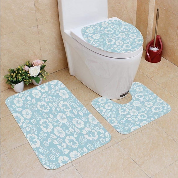 PUDMAD Floral 3 Piece Bathroom Rugs Set Bath Rug Contour Mat and Toilet Lid Cover