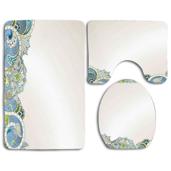 PUDMAD Floral Abstract Flower Curvy Swirled Branches and Leaves Ornamental Art 3 Piece Bathroom Rugs Set Bath Rug Contour Mat and Toilet Lid Cover
