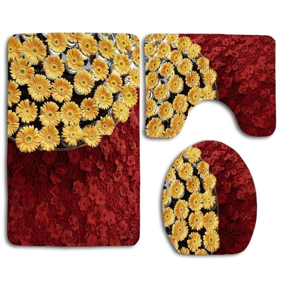 PUDMAD Floral Art Exhibition 3 Piece Bathroom Rugs Set Bath Rug Contour Mat and Toilet Lid Cover