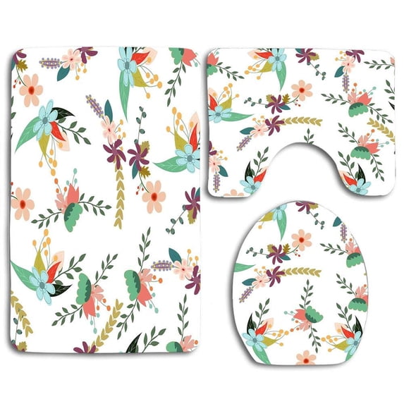 PUDMAD Floral Backdrop Flower 3 Piece Bathroom Rugs Set Bath Rug Contour Mat and Toilet Lid Cover