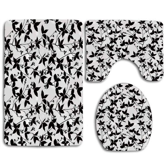 PUDMAD Floral Branch and Leaf Tree Silhouette Spring Stylish Gardening Tender Artful 3 Piece Bathroom Rugs Set Bath Rug Contour Mat and Toilet Lid Cover